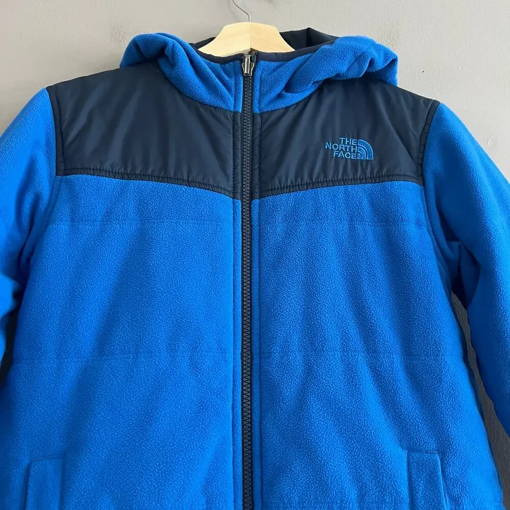 The North Face Boys Medium Reversible Puffer Fleece Jacket Navy Blue Hooded